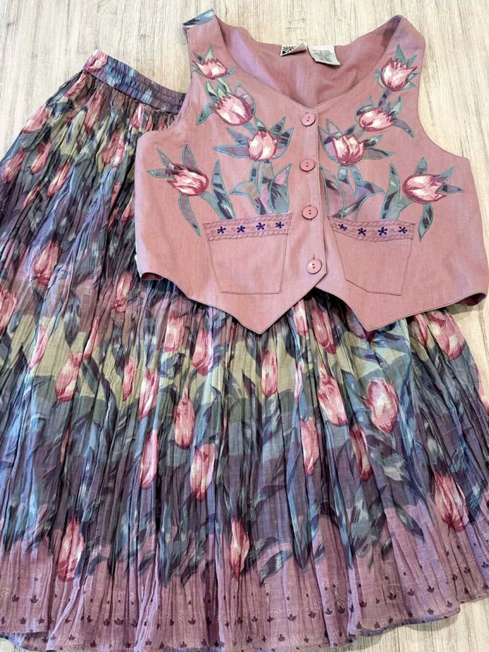 Vintage Phool 2 Piece Set Women's L Floral Tulip Vest Skirt Boho Hippie Y2K Sz L